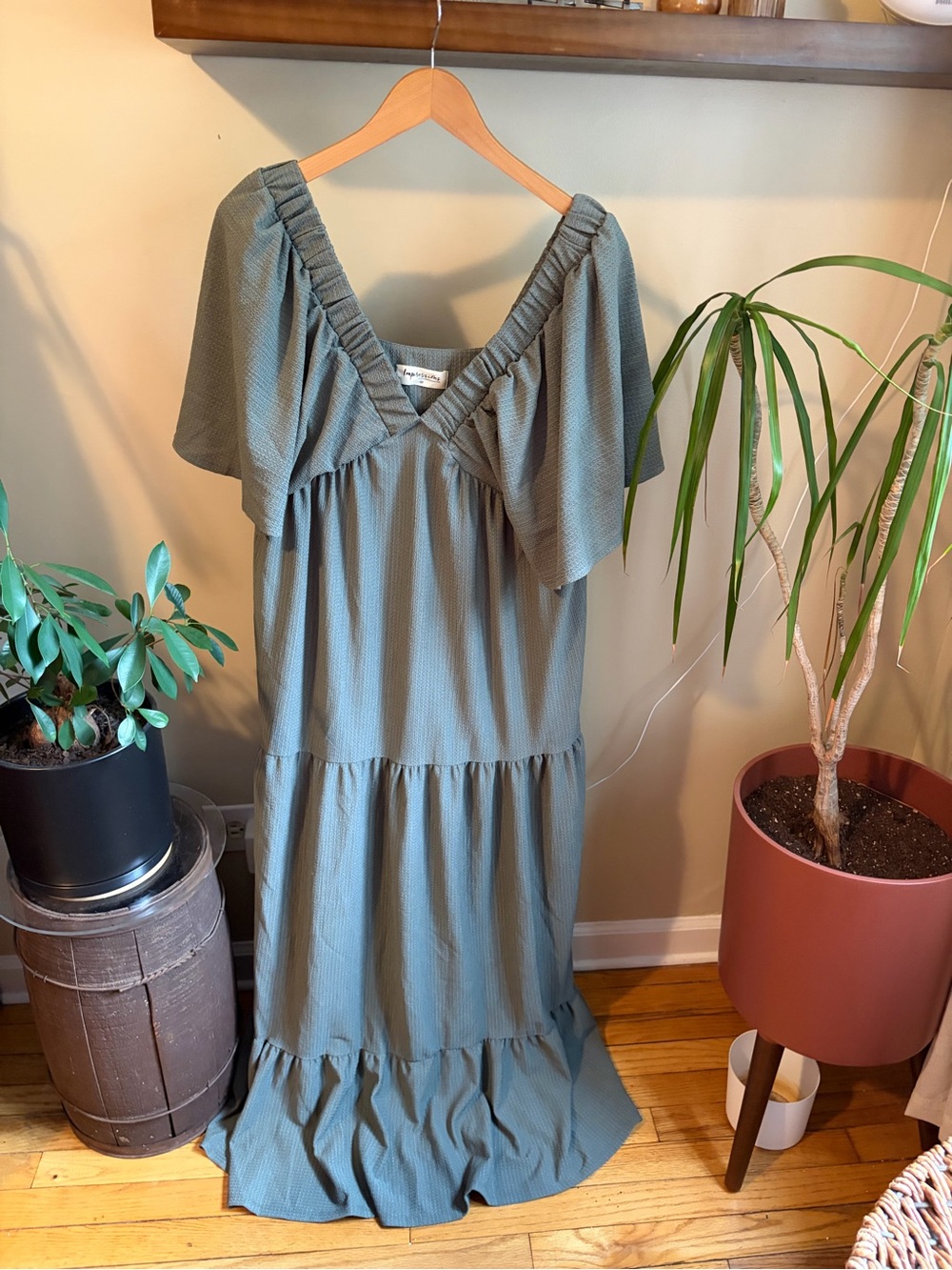 Impressions Flowy Olive Sage Tiered Dress